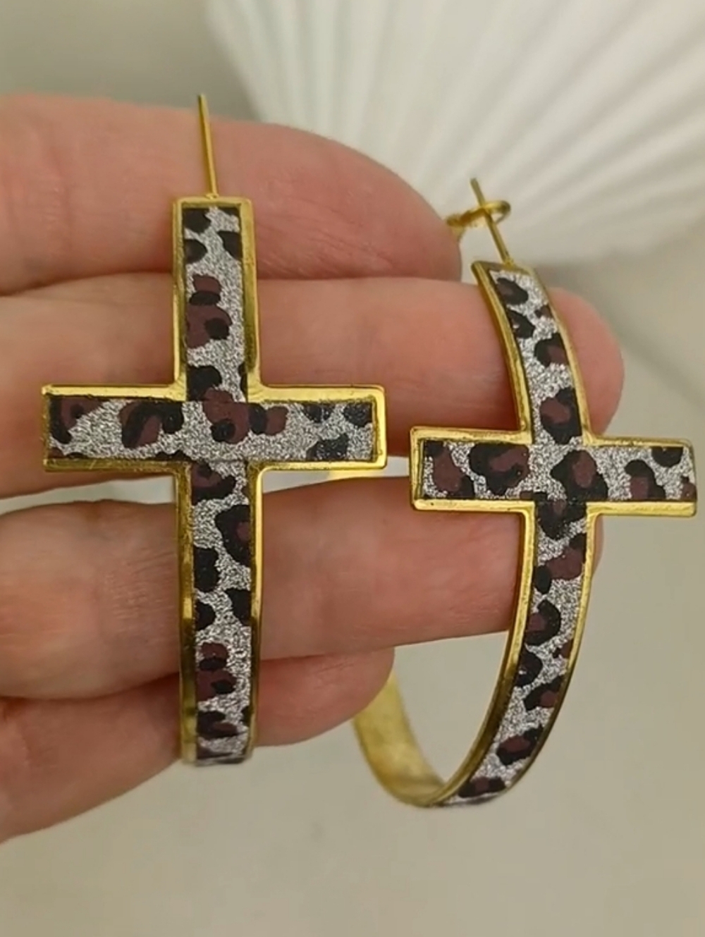 Totally Cool Gold-Tone Leopard Print Cross Hoop Earrings